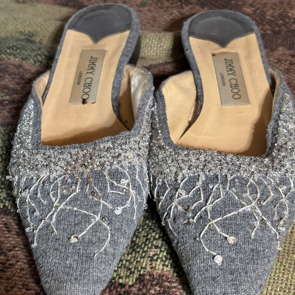 Vintage Jimmy Choo Gray Embroidered Mules